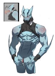 1boy abs antenna anthro biting blood_blockade_battlefront blue_body blue_skin blush cloaca cum ejaculation fin fish grabbing kekkai_sensen male male_only marine markings muscular muscular_anthro overgank paja192 presenting slit solo_male sweat wet yellow_eyes zed_o'brien