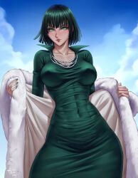 1girls absurd_res arimatang artist_name bangs belly belly_button big_breasts blue_sky blush bob_cut breasts busty clothed clothing coat collarbone covered_breasts covered_navel covered_nipples curvaceous curvy curvy_female curvy_figure dark_green_hair dark_hair dress erect_nipples esper eye_contact eyelashes eyeshadow female female_focus female_only fringe front_view fubuki_(one-punch_man) green_eyes green_hair heroine highres hips hourglass_figure jewelry licking_lips light-skinned_female light_skin lips lipstick long_sleeves looking_at_viewer makeup medium_hair nails navel necklace nipple_bulge one-punch_man open_clothes open_coat pose presenting psychic red_lips red_lipstick seducing seductive seductive_eyes seductive_look seductive_mouth seductive_smile short_hair sky slim slim_waist standing stomach teasing thick thick_thighs thighs thin_waist tight_clothing tight_dress toned toned_body toned_female toned_stomach tongue tongue_out voluptuous waist wide_hips