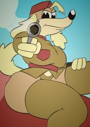 anthro big_breasts canine cuphead_(game) female firearm footwear gun handgun handwear headwear hips long_socks pac-man_eyes pilot_saluki_(cuphead) toonarscontent weapon wide_hips