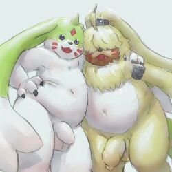 1:1 ahoge angoramon anthro apluss balls bandai_namco beady_eyes belly belt big_penis digimon digimon_(species) digimon_ghost_game digimon_tamers duo embrace flaccid foreskin fur gargomon genitals hair hair_over_eyes hi_res horn hug long_ears male male/male navel nude penis ponytail_ears slightly_chubby yellow_body yellow_fur