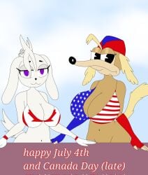 2girls american_flag_bikini anthro big_breasts bikini bra breasts canada canadian_flag canadian_flag_bikini canine cuphead_(game) dog_girl domestic_dog female_anthro kiara_(kiaracutedog) kiaracutedog no_panties original_character original_characters pac-man_eyes pilot_saluki_(cuphead) twitter_username