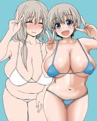 2girls bangs belly bikini blue_background blue_bikini blue_eyes blush breasts chikichiken chubby cleavage closed_eyes collarbone double_v grey_hair hair_between_eyes hair_over_shoulder huge_breasts long_hair low_tied_hair midriff mother_and_daughter multiple_girls navel open_mouth plump pubic_hair pubic_hair_peek shiny shiny_skin short_hair smile standing stomach swimsuit teardrop thick_thighs thigh_gap thighs underboob uzaki-chan_wa_asobitai! uzaki_hana uzaki_tsuki v white_bikini white_hair