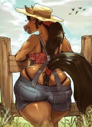 1girls absurd_res anthro anus anus_peek ass ass_cleavage big_butt bodily_fluids brown_hair brown_tail butt butt_crack clothing cloud crop_top equid equine fan_character farm farmer farmgirl female female_only fence flannel_shirt freckles furry gloves grass hair handwear hat headgear headwear hi_res leaning looking_at_viewer looking_back mammal nature nature_background noctoc outside overalls panties partially_clothed plant ponytail rear_view shirt sky smile solo sweat thick_thighs topwear underwear wide_hips