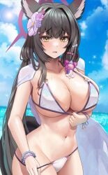 1girls 2022 beach bikini black_hair blue_archive breasts female female_only fluffy_ears fox_ears fox_girl gold_eyes hair_ornament halo hi_res hips huge_breasts kitsune light-skinned_female light_skin long_hair onedoo outdoors slim_waist solo solo_female wakamo_(blue_archive) wakamo_(swimsuit)_(blue_archive) white_bikini wide_hips