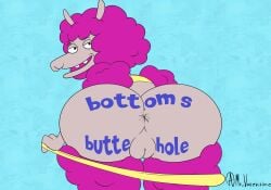 anus ass ass_focus back_view beverly_bottom big_ass big_butt bottom's_butte camelid clothing exposed_ass female fur furry furry_only looking_at_viewer looking_back mr_valentine00 open_mouth pink_fur pleasure_face pussy rear_view simple_background smile text