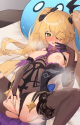 animated blonde_hair breasts breasts_out clitoris clothing_aside ett female fingering fingering_self fischl_(genshin_impact) genshin_impact highres masturbation medium_breasts nipples panties panties_aside pussy solo solo_focus uncensored underwear