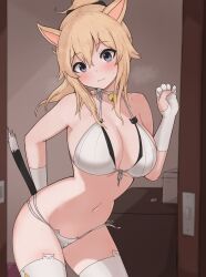 animal_ears armpits bell bikini blonde_hair blue_eyes breasts cat_ears cat_girl cat_tail choker cleavage closed_mouth contrapposto cowboy_shot female front-tie_bikini front-tie_top genshin_impact gloves halter_top halterneck hand_up highres jean_gunnhildr jingle_bell large_breasts long_hair looking_at_viewer multi-strapped_bikini ponytail skyhood solo standing string_bikini sweat swimsuit tail tail_raised thighhighs white_bikini white_choker white_gloves white_thighhighs