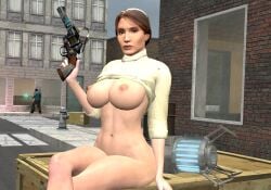 1girls 3d barely_clothed big_breasts bottomless breasts female garry's_mod gravity_gun half-life half-life_2 holding holding_weapon human human_female human_only judith_mossman legs_crossed looking_at_viewer mostly_nude naked naked_female naked_shirt navel nipples nude nude_female only_female sitting sitting_on_box sitting_on_crate white_skin