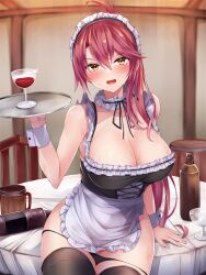 1girls alcohol bare_shoulders black_legwear black_panties blush bottle bottles breasts cleavage eiyuu_densetsu eyebrows_visible_through_hair female female_focus female_only glass hair_between_eyes huge_breasts irohara large_breasts leggings legwear looking_at_viewer maid maid_apron maid_headdress maid_outfit maid_uniform open_mouth panties pantyhose pink_hair sara_valestein sen_no_kiseki solo solo_female solo_focus thighhighs thighs tongue trails_of_cold_steel tray wine wine_glass yellow_eyes