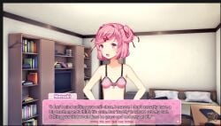 1girls a_month_with_natsuki bra ddlc_text_box doki_doki_literature_club female hands_on_hips natsuki_(doki_doki_literature_club) open_mouth panties pink_bra pink_eyes pink_hair pink_panties screenshot screenshot_of_video solo speaking speaking_to_partner talking talking_to_partner text text_box the_bike