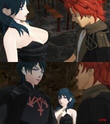 3d breasts byleth_(fire_emblem) byleth_(fire_emblem)_(female) byleth_(fire_emblem)_(male) caught caught_staring fire_emblem fire_emblem:_three_houses htr18 nintendo nipples shirtless sylvain_jose_gautier