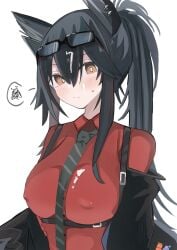 absurdres animal_ears arknights black_hair black_necktie blush breasts collared_shirt covered_nipples cum cum_on_clothes cum_on_hair ear_piercing eyewear_on_head facial female hair_between_eyes highres jacket large_breasts long_hair looking_at_viewer necktie nui_(nuinui0300) off_shoulder official_alternate_costume open_clothes open_jacket piercing ponytail red_shirt shirt sidelocks simple_background solo split_mouth spoken_squiggle squiggle striped_necktie sunglasses sweatdrop texas_(arknights) texas_(willpower)_(arknights) upper_body white_background wolf_ears wolf_girl yellow_eyes