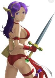 1girls artist_request ass ass_cleavage athena_(series) bikini breasts bubble_butt butt_crack dat_ass legs lipstick long_hair looking_at_viewer looking_back makeup medium_breasts princess_athena purple_eyes purple_hair red_bikini red_buruma red_swimsuit shield sideboob smile snk solo swimsuit sword thighs weapon