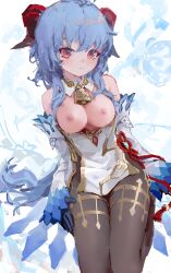 bangs bare_shoulders bell blue_gloves blue_hair breasts breasts_out brown_legwear curled_horns detached_sleeves female ganyu_(genshin_impact) genshin_impact gloves goat_horns gold_trim highres horns leotard leotard_under_clothes long_hair looking_at_viewer medium_breasts multicolored_eyes neck_bell nipples pantyhose red_rope reddizen rope seiza sidelocks sitting solo thighlet thighs very_long_hair vision_(genshin_impact) white_sleeves