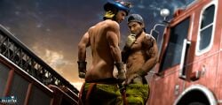 arm_tattoo asian asian_male ass backwards_cap cap chest_tattoo covered_penis cum_on_abs cum_on_upper_body daemoncollection dark_hair detroit:_become_human dicks_out erection exposed_ass fire_fighter fire_truck firefighter firefighter_helmet firefighter_uniform flashing gavin_reed gay gloves hand_on_chin looking_at_viewer looking_back_at_viewer male male_only oc original_character pants_down tattoo tony_(daemoncollection) topless underwear_down