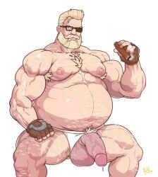 1boy bara beard blonde_hair chubby eyepatch facial_hair fat fat_man glasses goldlewis_dickinson guilty_gear hairy male male_focus male_only overweight precum solo_male vinceart2