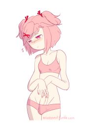 blush bra cute dick doki_doki_literature_club embarrassed fingernails flustered futanari hairclip looking_away looking_away_from_viewer looking_down nail_polish natsuki_(doki_doki_literature_club) panties penis pink_bra pink_eyes pink_hair pink_nails pink_panties sniggysmut sweat sweatdrop