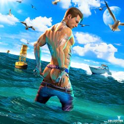 android beach belt brown_hair clouds connor_(detroit:_become_human) daemoncollection detroit:_become_human jockstrap looking_at_viewer male male_focus male_only moon pants_down rk900 seagull seagulls standing_in_water tagme yacht