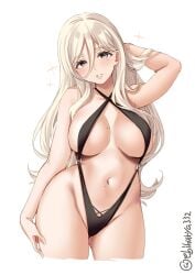 alternate_costume arm_behind_head black_swimsuit blonde_hair blue_eyes blush breasts casual_one-piece_swimsuit clothing_cutout collarbone cowboy_shot cropped_legs ebifurya female hair_between_eyes hand_on_own_thigh highres kantai_collection large_breasts lips long_hair mole mole_under_eye mole_under_mouth navel one-hour_drawing_challenge one-piece_swimsuit richelieu_(kantai_collection) shirt simple_background sling_bikini slingshot_swimsuit smile solo sparkle stomach_cutout swimsuit twitter_username underboob_cutout white_background