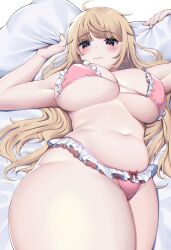 1girls artist_request bangs bikini black_eyes blonde_hair blush bra breast highres himeliofon huge_breasts long_hair looking_at_viewer lying lying_down navel on_bed original simple_background swimsuit thick_thighs thighs underwear white_background