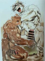 2boys brown_fur censor_bar erect_penis erection furry gay laughing male male_focus male_only muscular muscular_male wasp_(artist) white_fur