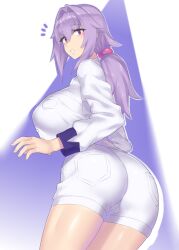 1girls :o big_ass big_breasts breasts female female_only light-skinned_female light_purple_hair long_hair looking_at_viewer looking_back looking_back_at_viewer oc original_character ponytail purple_eyes purple_hair sideboob solo solo_female surprised white_outfit