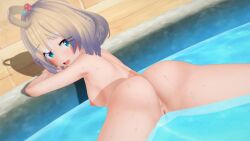 1girls 3d 3d_(artwork) ahoge arms_on_poolside ass ass_focus back back_view bare_ass bare_back bare_butt bare_shoulders blonde_hair blue_eyes blush breasts butt butt_focus completely_naked completely_nude completely_nude_female female female_only hair_accessory hairclip jungee koikatsu legs_apart legs_spread looking_at_viewer looking_back millie_parfait naked naked_female nijisanji nijisanji_en nude nude_female pool pussy short_hair sideboob small_breasts solo solo_female solo_focus spread_legs uncensored vagina virtual_youtuber wet wet_ass wet_body wet_butt wet_pussy wet_skin yellow_hair