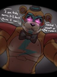 animatronic anthro anthro_only artificial_intelligence ear_piercing earring five_nights_at_freddy's five_nights_at_freddy's:_security_breach fnaf glamrock_freddy_(fnaf) grey_background hat magenta_eyes male male_focus male_only multicolored_body no_humans orange_body pov shoulder_pads speech_bubble text text_bubble top_hat