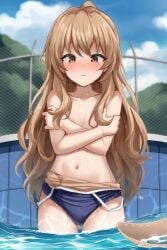 1girls aisaka_taiga belly belly_button blue_swimsuit blurry blurry_background blush breast_padding breasts brown_eyes brown_hair clothes_pull collarbone cover covered_nipples covering covering_breasts cowboy_shot day female female_focus female_only fence flat_chest flat_chested gluteal_fold light_brown_hair long_hair looking_at_viewer midriff navel outdoors pool school_swimsuit shengtian small_breasts solo solo_female solo_focus stomach summer swimsuit swimsuit_pull topless topless_female toradora! water wet