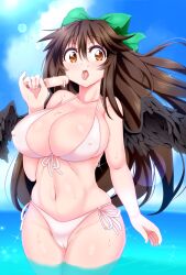 alternate_costume bikini bird_wings black_wings blush bow breasts brown_eyes brown_hair bwell cameltoe cleavage commentary_request control_rod covered_erect_nipples cowboy_shot female food front-tie_bikini front-tie_top green_bow highres holding holding_food large_breasts lens_flare long_hair ocean open_mouth popsicle side-tie_bikini solo swimsuit tongue tongue_out touhou utsuho_reiuji water white_bikini wings