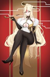 1girls big_breasts boob_window clothing_cutout crossed_legs drogod_(artist) female female_only genshin_impact hair_ornament hi_res high_heels highres kiseru large_breasts long_hair looking_at_viewer ningguang_(genshin_impact) pantyhose pipe red_eyes sitting solo solo_female thick thick_thighs voluptuous white_hair