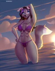 2022 anthro areola bikini bikini_bottom bikini_top biped blue_eyes border_collie breasts canid canine canis clothing cloudscape collie digital_drawing_(artwork) digital_media_(artwork) domestic_dog doomthewolf ear_piercing english_text eyebrows eyelashes female fur grey_body grey_fur hand_behind_head herding_dog hi_res julee julee_(rebrove) mammal multi_breast nipples original original_character partially_submerged pastoral_dog piercing pink_areola pink_nipples presenting presenting_breasts purple_bikini purple_bikini_bottom purple_bikini_top purple_clothing purple_swimwear raised_arm sheepdog sky smile smiling_at_viewer solo sun sunset swimwear text