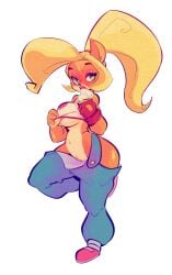 absurd_res activision anthro bandicoot blonde_hair breasts clothed clothing coco_bandicoot crash_(series) dessert female food genitals green_eyes hair hi_res ice_cream ineffective_clothing jdwalkrat long_hair low_rise mammal marsupial no_panties no_underwear overalls overalls_down pants_down pussy pussy_outside sagging_pants solo thick_thighs under_boob video_games