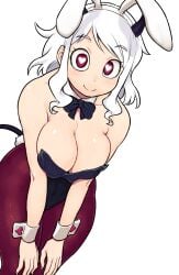 1girls bent_over breasts bunny_ears bunnysuit cleavage fake_animal_ears heart-shaped_pupils helltaker large_breasts leotard modeus_(helltaker) smile smiling solo standing straight_hair tsukudani_(coke-buta) white_hair