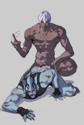 2boys antennae anthro blood_blockade_battlefront blue_skin blush bottomless clawed_toes cum cum_on_body domination ejaculation erection fingerless_gloves fish gay human interspecies kekkai_sensen male male/male male_only male_pubic_hair muscles muscular_anthro muscular_male nude_male overgank paja192 penis penis_on_ass smooth_penis tongue tongue_out webbed_hands white_hair yellow_eyes zap_renfro zed_o'brien