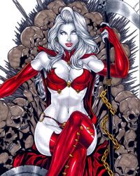 1girls 2d 2d_(artwork) big_breasts chaos_comics coffin_comics death_(personification) ed_benes_studio emotionless female female_focus female_only goddess grim_reaper hi_res highres lady_death latex_boots latex_gloves latex_stockings latex_suit long_hair queen_of_the_dead red_latex red_latex_armwear red_latex_legwear red_lips rudimar_patrocinio solo solo_female solo_focus throne white_body white_hair