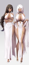 2022 2girls absurd_res azur_lane braided_hair breasts brown_hair brown_skin cleavage cleavage_dress dark-skinned_female dark_skin double_slit_dress dress elegant_dress female female_only forehead_mark green_eyes heels high_heels high_slit_dress hips huge_breasts light_blush long_hair looking_at_viewer massachusetts_(azur_lane) naughty_face no_panties no_panties_under_dress orange_eyes pelvic_curtain shiroshisu shoes side_slit simple_background single_slit_dress slim_waist slit_dress smile south_dakota_(azur_lane) thick_thighs thighs white_dress white_hair wide_hips