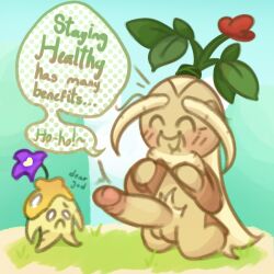 1boy balls beard big_penis blonde_hair blush closed_eyes cookie_run cookie_run_ovenbreak dialogue english_text erection facial_hair gilf ginseng_cookie grass hair kneeling large_penis leaf leaves lifted_by_self long_hair male male_focus male_only on_knees outdoors outside partially_clothed penis presenting presenting_penis pubic_hair smile speech_bubble