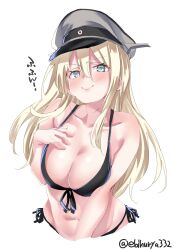 bare_arms bikini bismarck_(kantai_collection) black_bikini blonde_hair blue_eyes breasts cleavage collarbone cropped_torso ebifurya female front-tie_top groin hair_between_eyes halterneck hands_on_own_chest hat highres kantai_collection large_breasts lips looking_at_viewer military_hat navel peaked_cap shiny shiny_skin side-tie_bikini sidelocks smug stomach swimsuit upper_body white_background