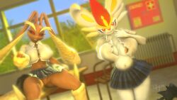 . 3d animal_humanoid anthro big_breasts bottomwear breasts brown_body cinderace clothed clothing duo female female/female humanoid kfgira lagomorph lagomorph_humanoid leporid leporid_humanoid lopunny mammal mammal_humanoid nintendo pokémon_(species) pokemon pokemon_(species) presenting rabbit rabbit_humanoid raised_bottomwear raised_clothing raised_skirt red_eyes skirt student video_games white_body