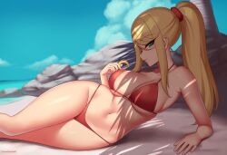 1girls beach blonde_hair kuroonehalf metroid ponytail samus_aran smirk tagme thighs