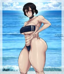 1girls abs ass attack_on_titan big_ass big_breasts bikini breasts cleavage eremika eren_jaeger female female_only gris_swimsuit jozne mikasa_ackerman muscle muscle_tone muscular muscular_female offscreen_character short_hair six_pack solo thick_thighs thong thong_bikini translation_request underboob wide_hips