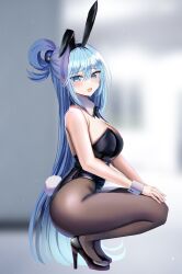 1girls aqua_(konosuba) bare_shoulders black_high_heels black_pantyhose blue_eyes blue_hair blush bunny_ears bunny_girl bunny_tail bunnysuit female_only from_side hanasaka_houcha high_heels kono_subarashii_sekai_ni_shukufuku_wo! large_breasts long_hair looking_at_viewer open_mouth pantyhose playboy_bunny ponytail shoes side_view solo solo_focus squatting thick_thighs thighs uncensored wide_hips wrist_cuffs