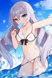 absurdres armpits bangs bare_shoulders bikini black_ribbon blue_sky blush breasts bronya_zaychik collarbone cowboy_shot dated day eating eyes_visible_through_hair female food food_in_mouth front-tie_bikini front-tie_top grey_eyes grey_hair hair_between_eyes highres holding holding_ice_cream honkai_(series) honkai_impact_3rd ice_cream long_hair looking_at_viewer muou navel nipples_visible_through_clothing ocean outdoors popsicle ribbon side-tie_bikini sidelocks sky solo standing swimsuit wading wardrobe_malfunction water_drop wet wet_clothes wet_swimsuit white_bikini