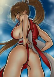 1girls ass big_breasts breasts brown_eyes brown_hair busty fatal_fury female female_only king_of_fighters large_breasts legs long_hair looking_back mai_shiranui naughty_face nixminor no_bra ponytail pulled_by_self red_lipstick sensual sideboob snk solo teasing thighs tongue tongue_out voluptuous wedgie