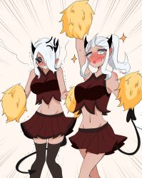 2demons 2girls angry artist_request big_breasts black_horns blind blush blushing cheerleader clothed clothed_female crop_top embarrassed embarrassed_clothed_female embarrassed_female female female_only hair_over_one_eye helltaker justice_(helltaker) navel pom_poms red_eyes red_skirt sharp_teeth white_hair zdrada_(helltaker)