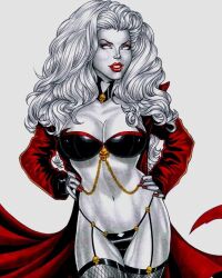 big_breasts chaos_comics dominant_female dominatrix ed_benes_studio femme_fatale fit_female lady_death latex_suit latex_thong long_hair queen_of_the_dead red_lipstick rudimar_patrocinio smiling solo_female solo_focus white_hair white_skin