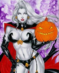 big_breasts chaos_comics coffin_comics death_(personification) divine_slut ed_benes_studio female female_only goddess grim_reaper holding_pumpkin lady_death latex_suit long_sleeves looking_at_viewer pumpkin queen_of_the_dead rudimar_patrocinio seductive_look skin_tight white-skinned_female white_hair white_skinned_female