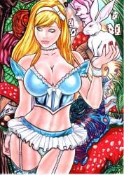 2022 alice_(wonderland) alice_in_wonderland alice_liddell artist_name big_breasts blonde_eyebrows blonde_female blonde_hair cheshire_cat cleavage dated dominant_female dominatrix ed_benes_studio femme_fatale fit_female frank_lima grimm_fairy_tales_(comic) grown_up hourglass_figure long_hair pink_lipstick seductive_look the_caterpillar voluptuous white_rabbit_(wonderland) wonderland