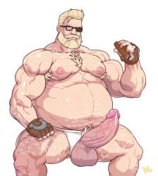 1boy beard blonde_hair chubby erect_penis erection facial_hair fat goldlewis_dickinson guilty_gear hairy male male_focus male_only overweight precum vinceart2